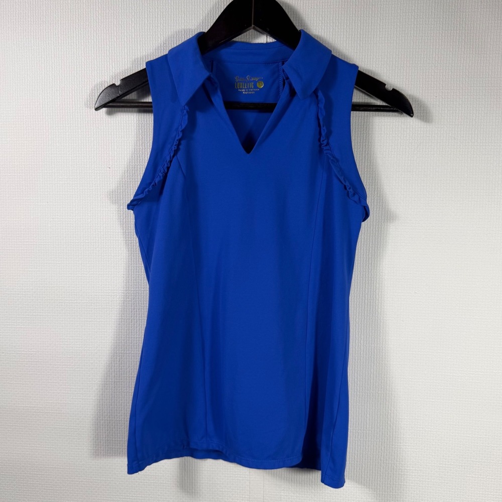 Lilly Pulitzer Luxletic Ruffle Sleeveless Polo Top Royal Blue XS Golf Tennis